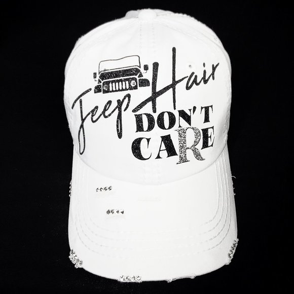 Jeep Hair Don't Care White Distressed Cap with Swarovski Crystals. - Picture 2 of 11